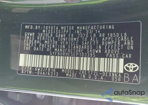 2014 Toyota Corolla Le Plus из США, поврежденный, VIN 5YFBURHE5EP103395